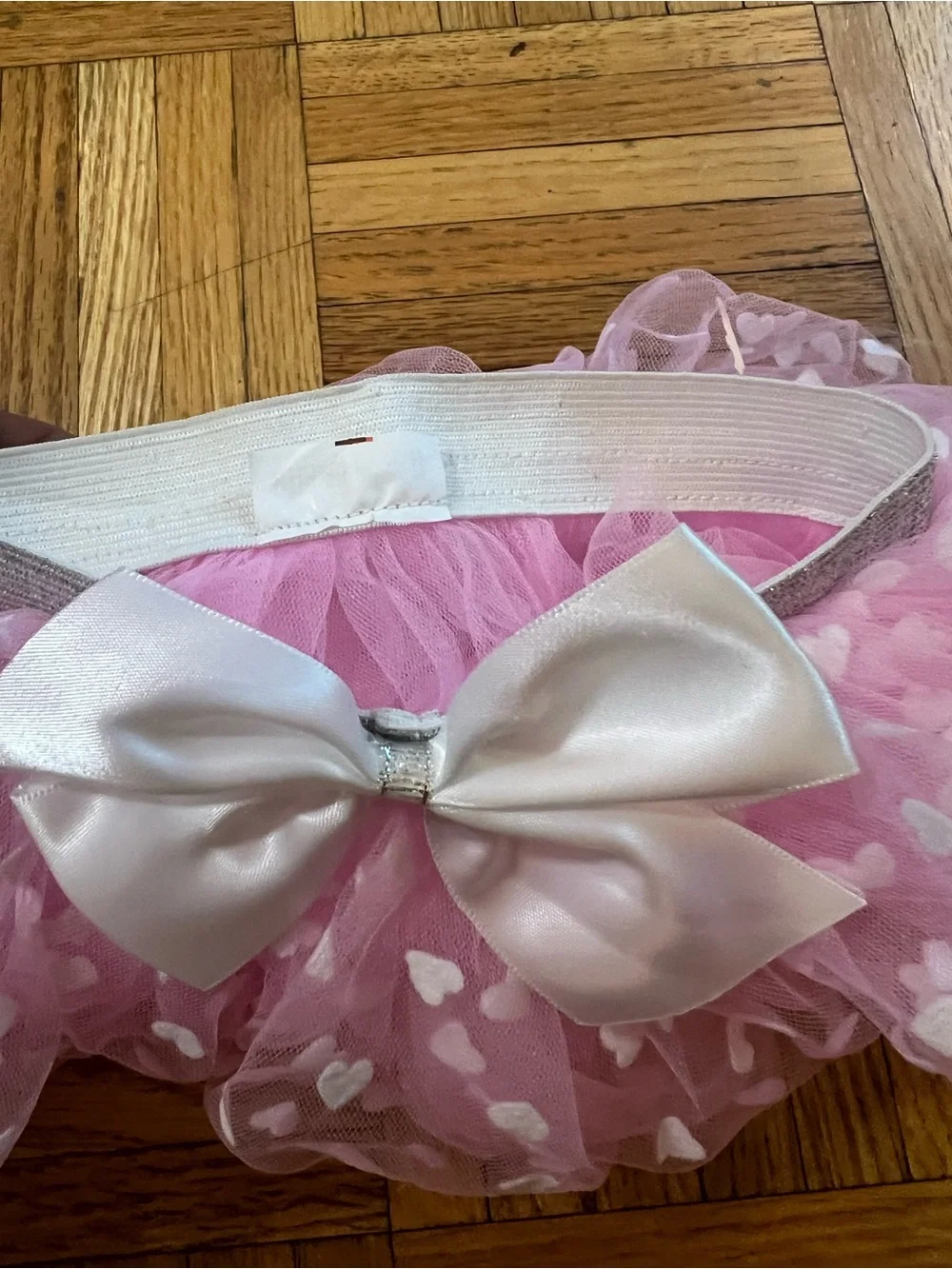 It’s a girl! Pink Heart Tulle Tutu with White Bow - elastic waist newborn